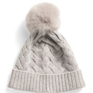 NEW HANNAH ROSE Merino Wool Simone Cable knit Hat with Faux Pom Pom grey 267tn